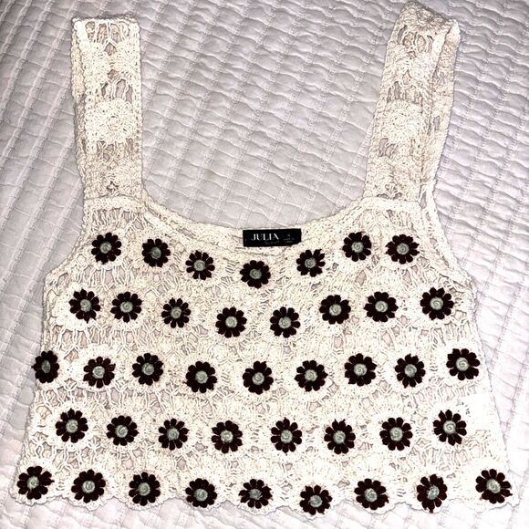 Julia Tops - Julia by Love Boho Crochet Crop Top Small Floral Cream/Maroon Flowers